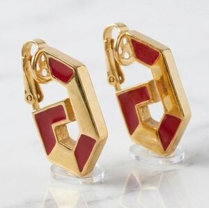 Givenchy Vintage Gold Plated G Logo Clip On Earrings Red Enamel